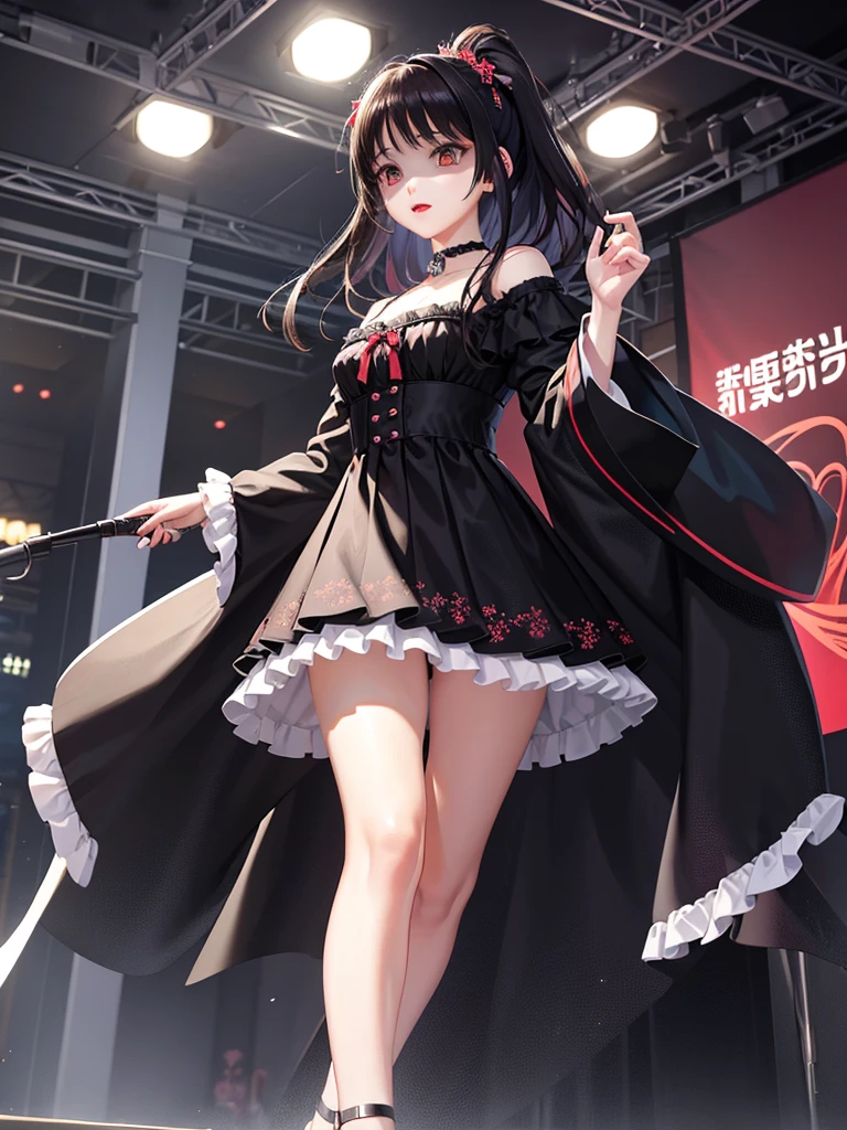 Awareness-raising、Cinematic Light、High resolution、Highest quality、Ultra-detailed、Detailed face、(Detailed eyes)、Highest quality、Ultra-detailed、masterpiece,choker、D Cup、High heels、Red eyes、Black Hair、I have a guitar、Ruffled mini skirt、AI Fantasy Concert、Glowing lights with neon details、please sing:15、(Live Stage:1.15)To the audience in the background、Reflection of light、Lolita Style