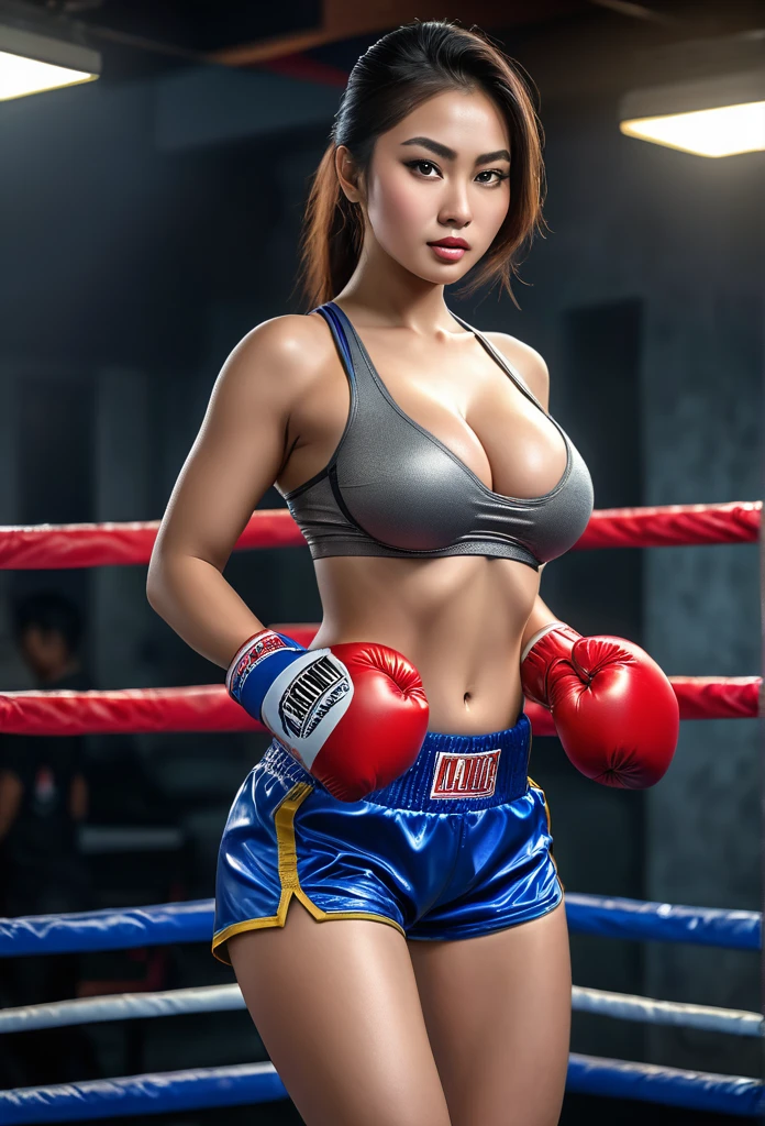 1 hyper-realistic real photo, full body frontal, sexy pose, huge breasts, beautiful breasts, wide hips, nice butt, a beautiful Indonesian girl with a slim body, boxing, passionately, image high grain, ultra HDR extreme,incredibly absurdres, ultra detailed, high resolution, realistic lighting, photorealism, hyperrealism,masterpiece,vibrant colors,stunning visuals,ultra skin texsture,stable diffusion,perfect anatomy,crazy details