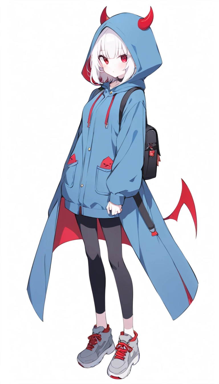 ager, devil girl, little red horns, white hair, short fluffy hair, big red eyes, pale skin, rosy cheeks, medium breasts, red cheeks, blue hooded coat, black pants, gray sneakers, black backpack, covered eyes through the hood, white background, full body