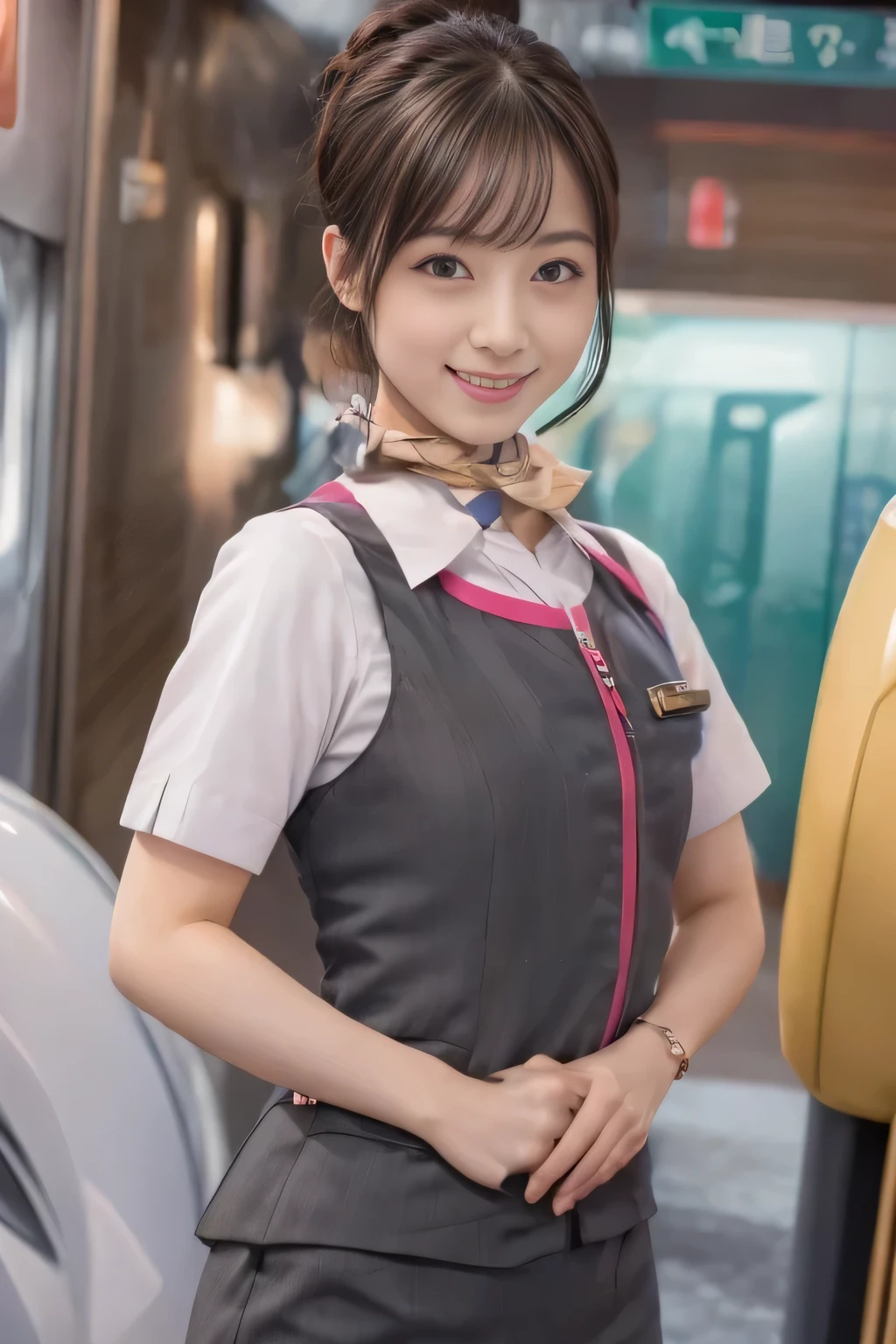 (masterpiece:1.2, Highest quality:1.2), 32k HDR, High resolution, (alone、One girl)、（At the station platform、Professional Lighting）、Empty train station platform background、（Realistic style of JR Gran Class crew uniform）、Short sleeve blouse、a scarf around the neck、（JR Gran Class flight attendant uniform with pink parts on the skirt sleeves）、（The uniform of a flight attendant in JR Gran Class has a pink line on the front zipper of the vest.）、Dark brown hair、（Chignon、Hair tied up）、Dark brown hair、Long Shot、Big Breasts、（（Great hands：2.0）），（（Harmonious body proportions：1.5）），（（Normal limbs：2.0）），（（Normal finger：2.0）），（（Delicate eyes：2.0）），（（Normal eyes：2.0））)、Big Breasts、Luxury Necklace、smile、Beautiful standing posture,Place your hands around your stomach