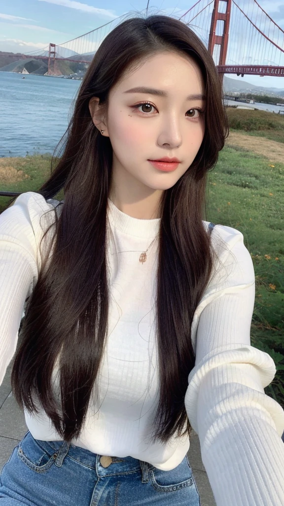 (lifelike, high resolution:1.3), 1 girl with a perfect figure, ,The face shape and eyes are super beautiful,long hair, White long sleeves:1.2, Short jeans, Big ,The background is the Golden Gate Bridge and the facial details are very rich.