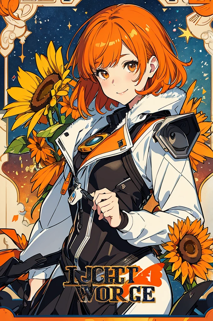 ((masterpiece)), best quality, ultra-detailed, extremely detailed, 4K, 8K, best quality, beautiful, watercolor, anime style, upper body, look up from below, colorful, sunflower, fireworks, a cute girl, 1girl, solo, robot suit, robot, beautiful orange hair, beautiful orange eyes, beautiful eyes, short hair, mesh, lip, headphone, smile, light smile, glitter effect