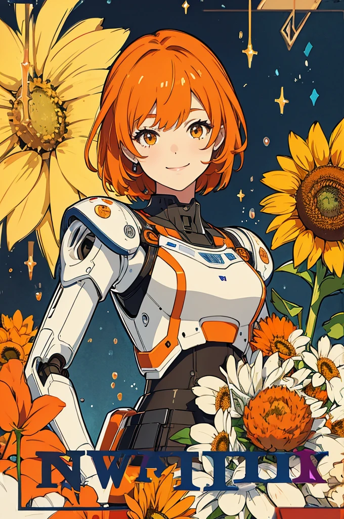 ((masterpiece)), best quality, ultra-detailed, extremely detailed, 4K, 8K, best quality, beautiful, watercolor, anime style, upper body, look up from below, colorful, sunflower, fireworks, a cute girl, 1girl, solo, robot suit, robot, beautiful orange hair, beautiful orange eyes, beautiful eyes, short hair, mesh, lip, headphone, smile, light smile, glitter effect