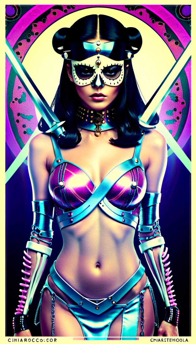 tarot card, chiaroscuro technique on sensual illustration of an queen of sword, a age fashion model wearing an exo-skeleton mask, vibrant colors, futuristic cyberpunk style, intricate details, cinematic lighting, dramatic pose,