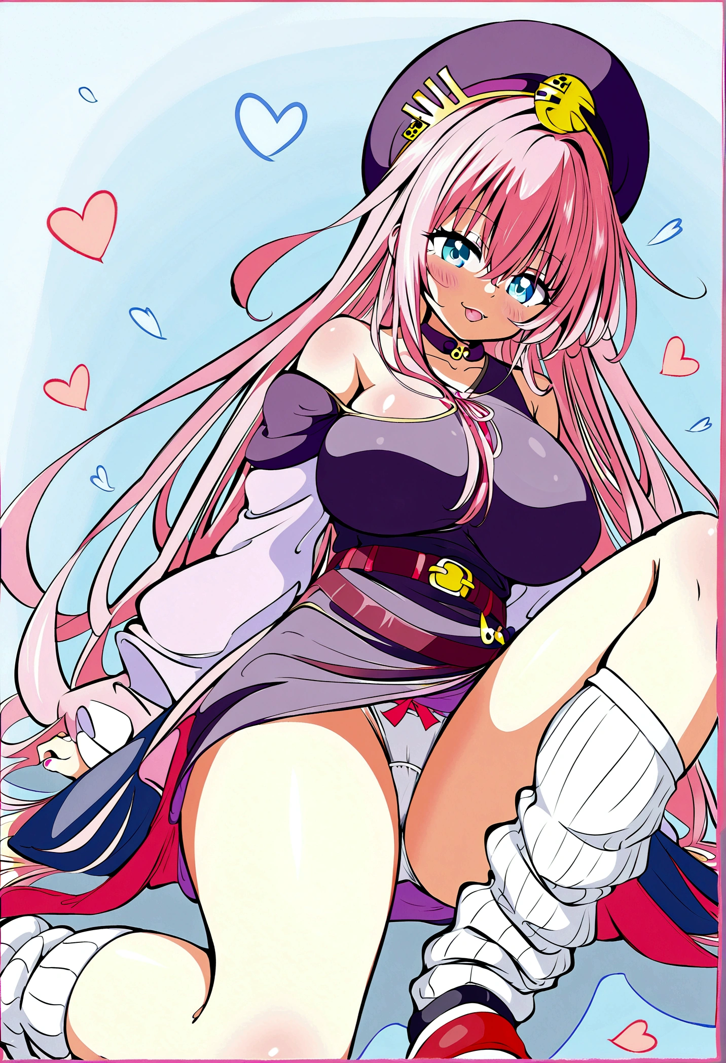 To Love-Ru、Purple off-the-shoulder mini skirt dress、Pink Hair、Big Breasts、White panties、Light purple loose socks、Provocative look、Raw thighs、Light blue eyes、Belt only on left thigh