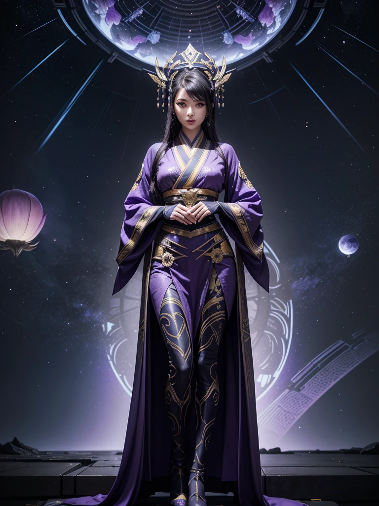 Lotus, a central figure in Warframe, wears a sleek, futuristic outfit, predominantly purple with blue and gold accents. Her look includes a long kimono with complex patterns, a purple lotus tiara with silver details, a background of planet Earth with huge forests and ruins of ships and huge endolon beings.