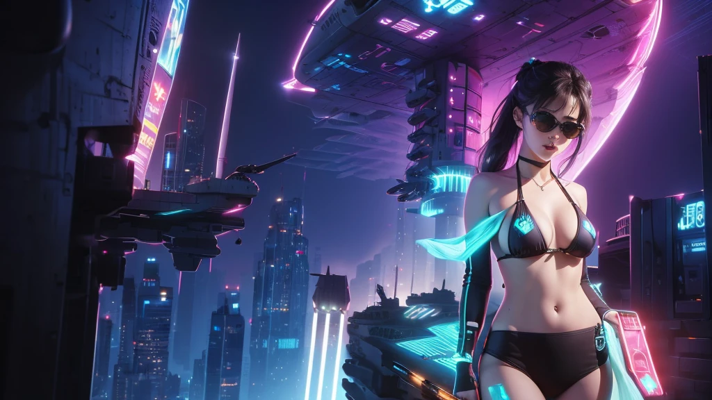 (((a large-breast bikini slim GIRL with black (micro) sunglasses))), (((((aiming at viewer with a pistol))))), a balcony of a futuristic building, aerial view of an ultra-futuristic megalopolis, metal buildings and houses in dark colors from dark blue to black, shades of metal gray, smoky metal structures, industrial environment with smoke and fog around, dark cars on the streets, desert megalopolis, modern metal rails and trains passing through, tall futuristic metal buildings, ultra modern buildings, (((((futuristic aircraft carrier))))), realistic, detailed, sci-fi.