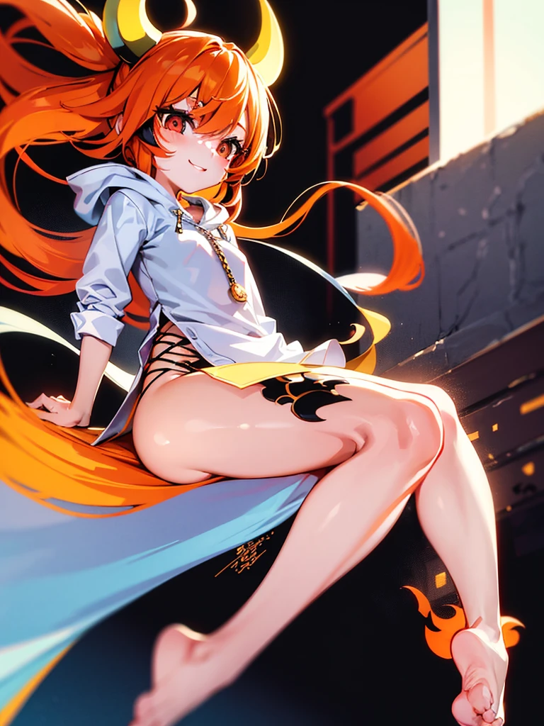 1baby anime girl, baby lolime girl, yellow combined with orange and red eyes, light red hair, hoodie black and white with cow pattern, Bare feet, funny face, sweet smile, high quality, detailed, sharp, anime style, vibrant colors, smooth lines, beautiful, well-drawn, clean, elegant, expressive faces, accurate anatomy, well-proportioned, dynamic poses, stylish clothing, appealing character design, clear background, harmonious color scheme, bright, well-lit, soft shading, glossy eyes, detailed hair, natural expressions, high resolution, finely detailed, atmospheric, immersive, captivating, aesthetically pleasing, perfect composition, balanced lighting, artistic, fantasy, enchanting, unique, imaginative, vivid, striking, lively, carefully crafted, seamless blending, well-framed, polished, intricate patterns, crisp details, warm tones, realistic proportions, emotionally engaging, high contrast, rich textures, picturesque, well-executed, professional, sophisticated, storybook style, charming, graceful, youthful, iconic, clean lines, dynamic lighting, ethereal, meticulously detailed, high aesthetic value, enchanting characters, visually stunning, balanced composition, colorful, delightful, high fidelity, whimsical, masterfully drawn