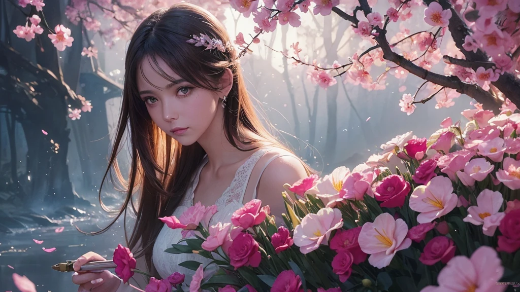 32k, Masterpiece, Highest quality, One girl, Brown Hair, Detailed eyes, flower,Freesia, Pink and navy style,A dreamy, romantic piece,Pale yellow, Mysterious Leaves,A playful arrangement,Fantasy,High Contrast,Ink strokes,explosion,Exposure, Impression of pink and navy tones,Abstract,((Watercolours by John Berkey and Jeremy Mann )) Brush strokes,Negative Space, Tyndall effect,