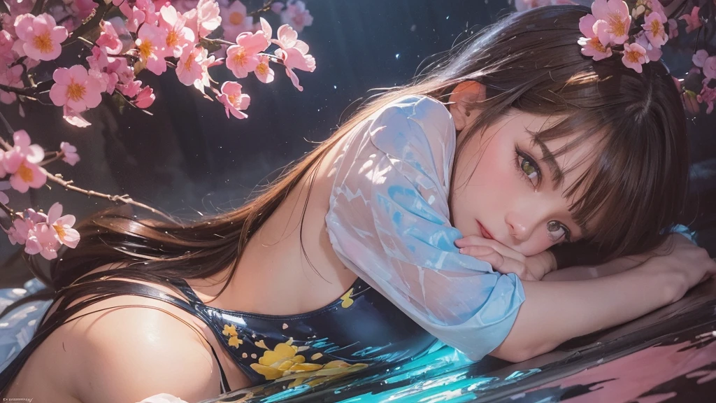 32k, Masterpiece, Highest quality, One girl, Brown Hair, Detailed eyes, flower,Freesia, Pink and navy style,A dreamy, romantic piece,Pale yellow, Mysterious Leaves,A playful arrangement,Fantasy,High Contrast,Ink strokes,explosion,Exposure, Impression of pink and navy tones,Abstract,((Watercolours by John Berkey and Jeremy Mann )) Brush strokes,Negative Space, Tyndall effect,
