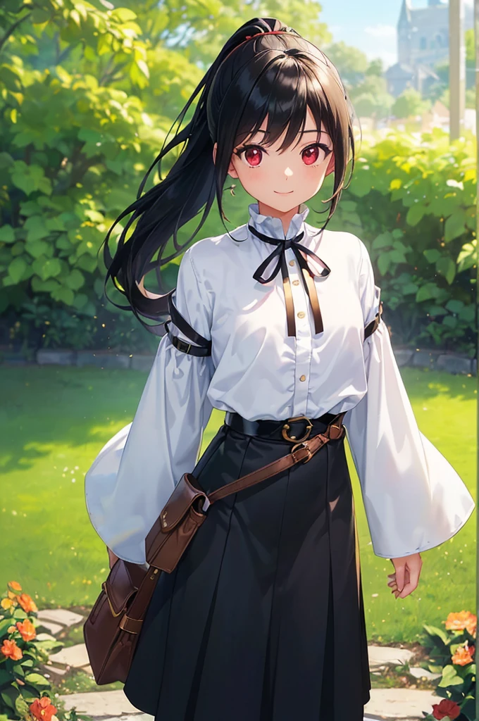 (masterpiece; best quality: 1.2), (finely detailed eyes: 1.3), ((10 year old female ???)), ((solo)), (red eyes: 1.4), (body; short, slender, small breasts: 1.3), (black hair in ponytail: 1.3), (beautiful and clear background: 1.2), ((depth of field)), (clothes: wanderer mage attire + white-and-gold wide-sleeve high-neck shirt + long black skirt + belts + traveler pouches and satchel: 1.3), (anime illustration: 1.2), (background; garden exterior: 1.1), (extremely fine and beautiful: 1.1), (shot composition; standing + centered on torso + close-up: 1.5), (expression; calm, smile: 1.2)