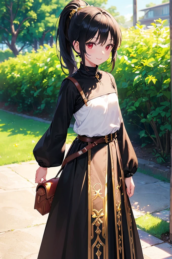 (masterpiece; best quality: 1.2), (finely detailed eyes: 1.3), ((10 year old female ???)), ((solo)), (red eyes: 1.4), (body; short, slender, small breasts: 1.3), (black hair in ponytail: 1.3), (beautiful and clear background: 1.2), ((depth of field)), (clothes: wanderer mage attire + white-and-gold wide-sleeve high-neck shirt + long black skirt + belts + traveler pouches and satchel: 1.3), (anime illustration: 1.2), (background; garden exterior: 1.1), (extremely fine and beautiful: 1.1), (shot composition; standing + centered on torso + close-up: 1.5), (expression; calm, smile: 1.2)