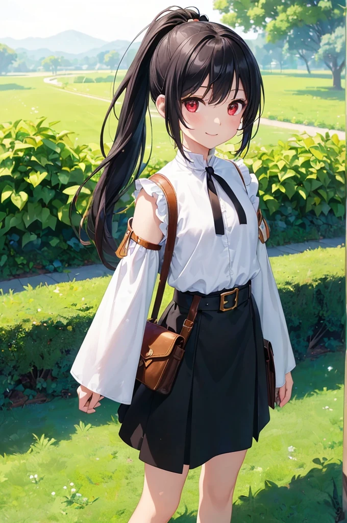 (masterpiece; best quality: 1.2), (finely detailed eyes: 1.3), ((10 year old female kid)), ((solo)), (red eyes: 1.4), (body; short, slender, small breasts: 1.3), (black hair in ponytail: 1.3), (beautiful and clear background: 1.2), ((depth of field)), (clothes: wanderer mage attire + white-and-gold wide-sleeve high-neck shirt + long black skirt + belts + traveler pouches and satchel: 1.3), (anime illustration: 1.2), (background; garden exterior: 1.1), (extremely fine and beautiful: 1.1), (shot composition; standing + centered on torso + close-up: 1.5), (expression; calm, smile: 1.2)