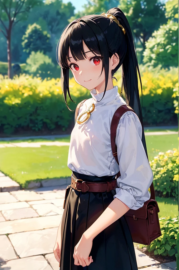 (masterpiece; best quality: 1.2), (finely detailed eyes: 1.3), ((10 year old female ???)), ((solo)), (red eyes: 1.4), (body; short, slender, small breasts: 1.3), (black hair in ponytail: 1.3), (beautiful and clear background: 1.2), ((depth of field)), (clothes: wanderer mage attire + white-and-gold wide-sleeve high-neck shirt + long black skirt + belts + traveler pouches and satchel: 1.3), (anime illustration: 1.2), (background; garden exterior: 1.1), (extremely fine and beautiful: 1.1), (shot composition; standing + centered on torso + close-up: 1.5), (expression; calm, smile: 1.2)