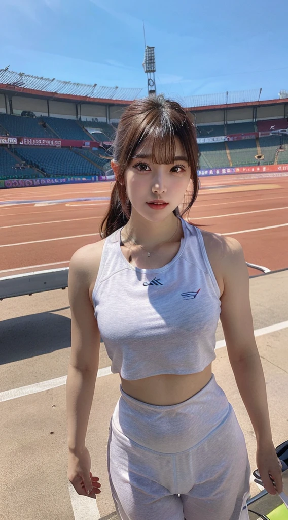 masutepiece, Best Quality, Illustration, Ultra-detailed, finely detail, hight resolution, 8K Wallpaper, Perfect dynamic composition, Beautiful detailed eyes, fitness wear, Natural Color Lip, Athletics Stadium
