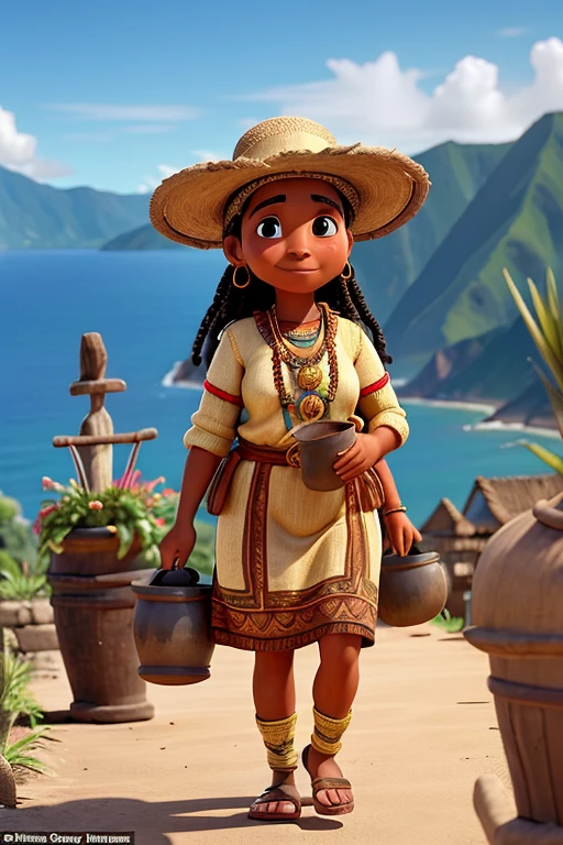 In the background there must be the Colonche mountain range reaching the coast of Ecuador, You can see a pre-Inca village with women dressed in typical indigenous clothing from the coast of Ecuador in South America carrying clay pots as pots to put water on their shoulders and men working dressed in typical indigenous clothing from the coast of Ecuador. Ecuador of South America and a tribal chief with clothes with gold work and jewelry that the people see in their daily lives