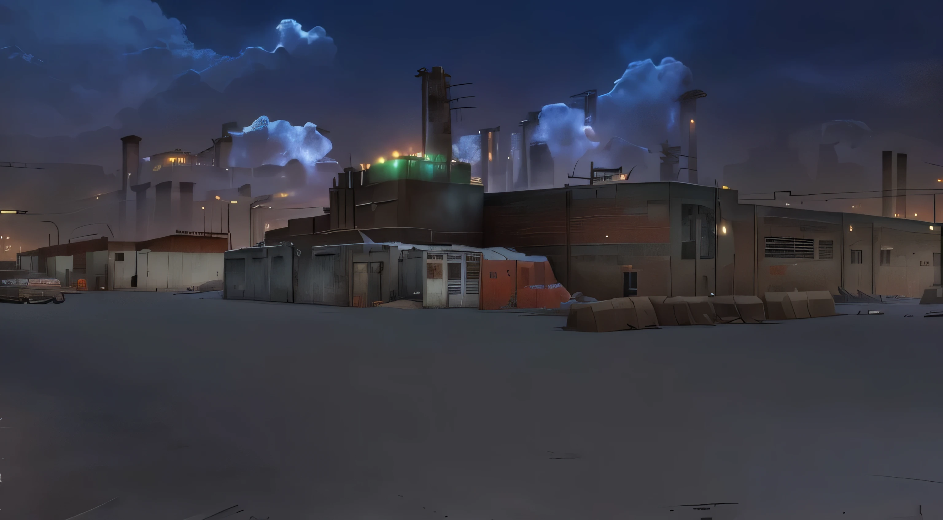 there is a picture of a city with a lot of buildings, industrial setting, construction yard, [[empty warehouse]] background, post apocalyptic shopping center, factory background, industrial surrounding, industrial environment, grimy streets backdrop, town center background, background is a slum, some background blur, videogame still, trading depots, skybox, realistic scene, establishing shot
