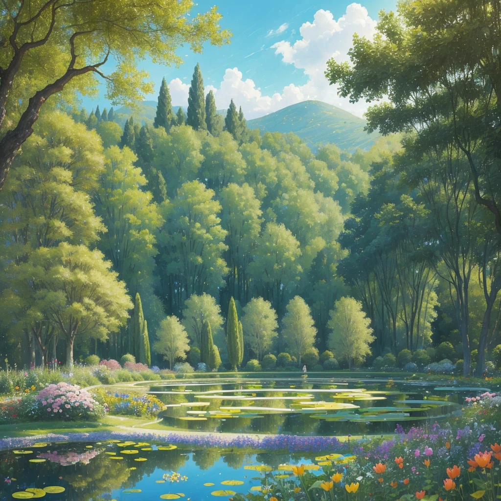 a view of a pond surrounded by trees and flowers in a garden, many plants and infinite pond, by Bernard D’Andrea, 🌻🎹🎼, with a garden as foreground, by André Bauchant, by Henriette Grindat, green grasse trees and river, terraced orchards and ponds, by Albert Dorne, lush garden in the background
