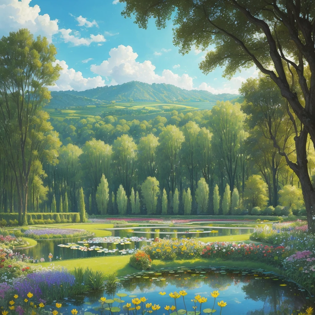 a view of a pond surrounded by trees and flowers in a garden, many plants and infinite pond, by Bernard D’Andrea, 🌻🎹🎼, with a garden as foreground, by André Bauchant, by Henriette Grindat, green grasse trees and river, terraced orchards and ponds, by Albert Dorne, lush garden in the background