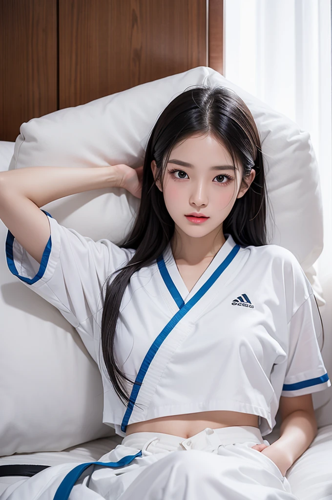 masterpiece, ultra details, best quality, 1 korean taekwondo girl, masterpiece, ultra details, best quality, black long straight hair, wearing sweaty white World Taekwondo Federation dobok uniform with black v-neck, wearing taekwondo blackbelt, wearing white martial arts pants without pockets, large sweaty butt, large breasts, laying on wet hotel bed showing butt, sweat droplets on face, seductive facial expression, blushing