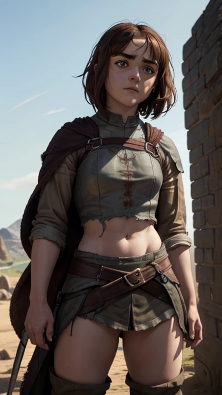 8k, Maisie Williams face, pale skin, toned abs, small breast, round ass, her round ass visible, brown hair, Maisie Williams as Arya Stark, torn ragged peasant clothes, standing stance, winterfell in background