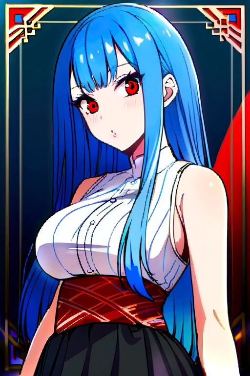 Bnha Girl,with long straight hair,with a beautiful waist, big breasts,blue hair with red highlights,with Bnha&#39;s clothing 