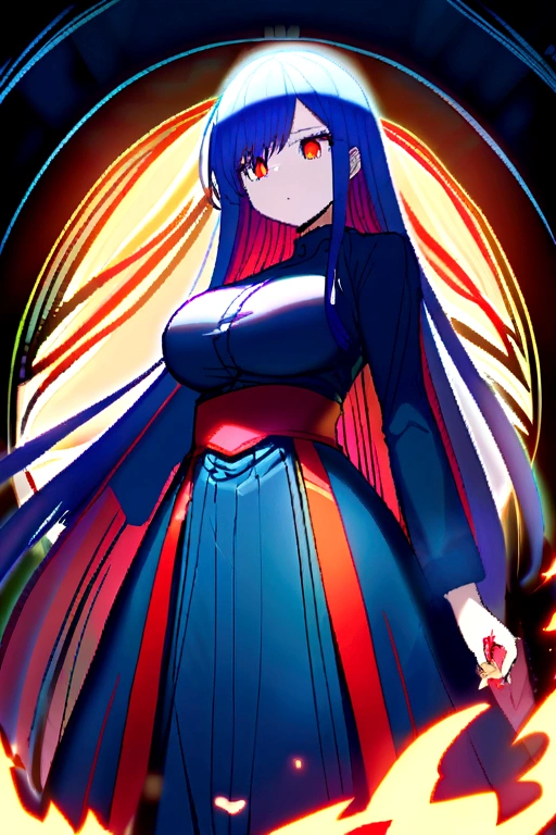 Bnha Girl,with long straight hair,with a beautiful waist, big breasts,blue hair with red highlights,with Bnha's clothing