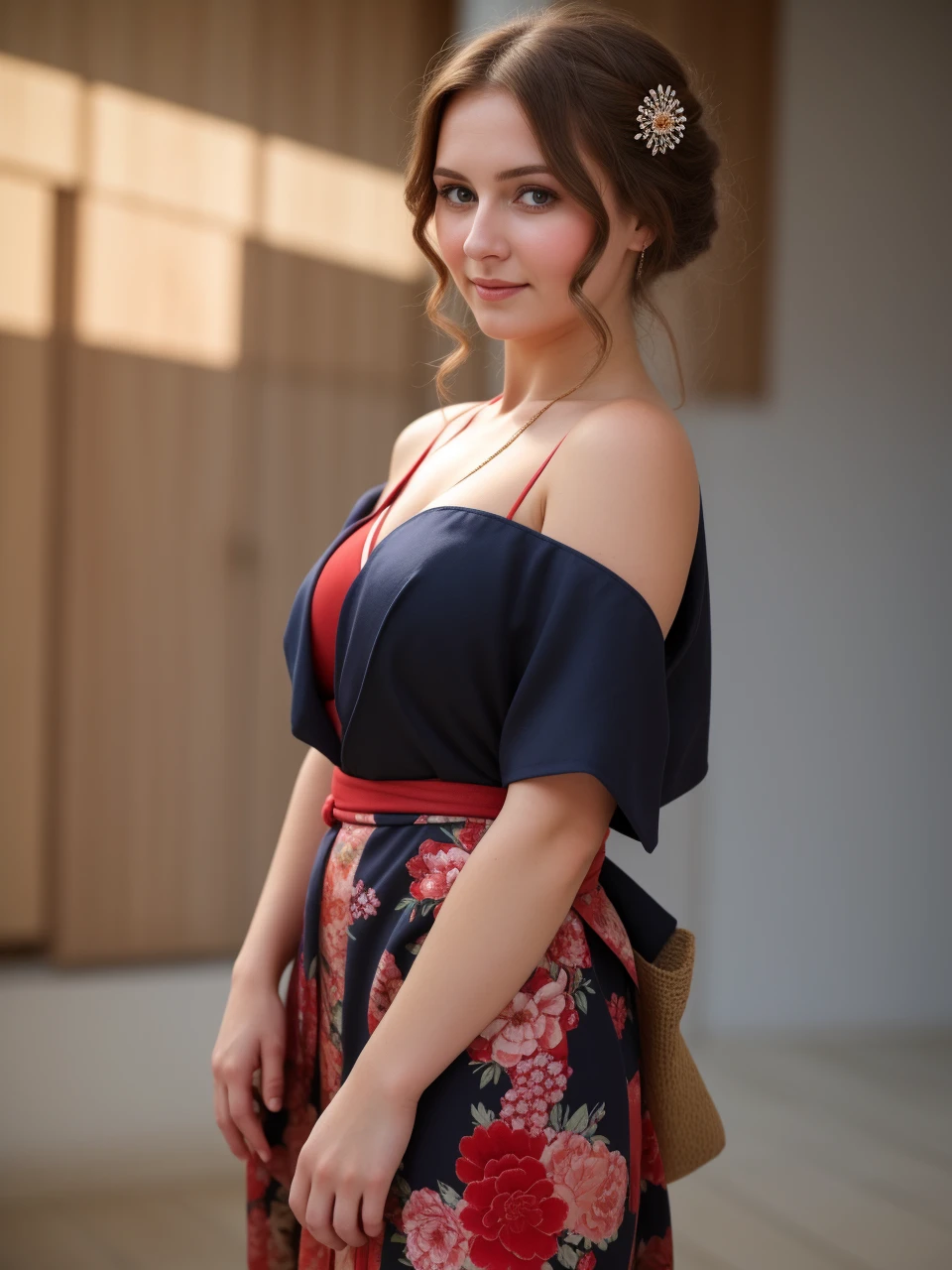 Russian woman, Intimate, face blush, red blushy cheeks, long wavy hair, feeling excited, beautiful thighs, in love, wearing summer mini kimono