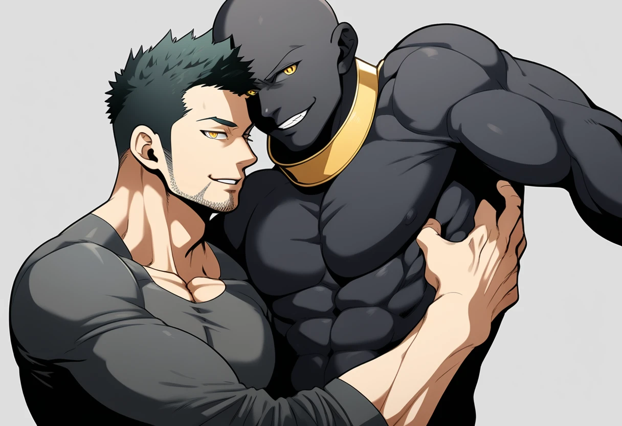 anime characters:Two superheroes in tights, Priapus and Muscle skinhead buddhist monk, negro black skin, They hugged and kissed each other, Bite your neck, Caress, Manliness, male focus, Yellow and black high collar long sleeve tight T-shirt, Slightly transparent material, Very tight, Round, full and perky chest muscles, Muscle waist, Slightly transparent, muscular male, muscular, only, Upper body, alone, Black short hair, Thick eyebrows, stubble, Yellow eyes, Grey background, simple background, amazing quality, best aesthetics, Ridiculous, bright pupils, crew cut, parted lips, seductive smile, torogao, naughty face, drop shadow, best quality