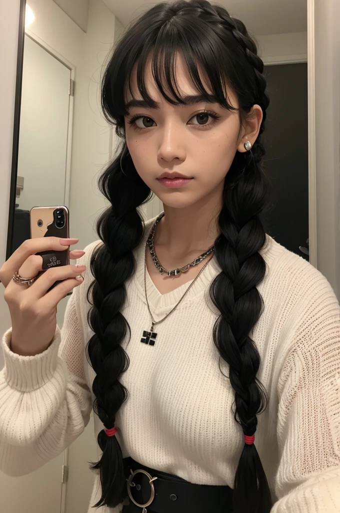 , mirror, aphone, cellular, tirando foto no mirror, Bblack hair, curly, bangss, black eye, rings, necklase, braid