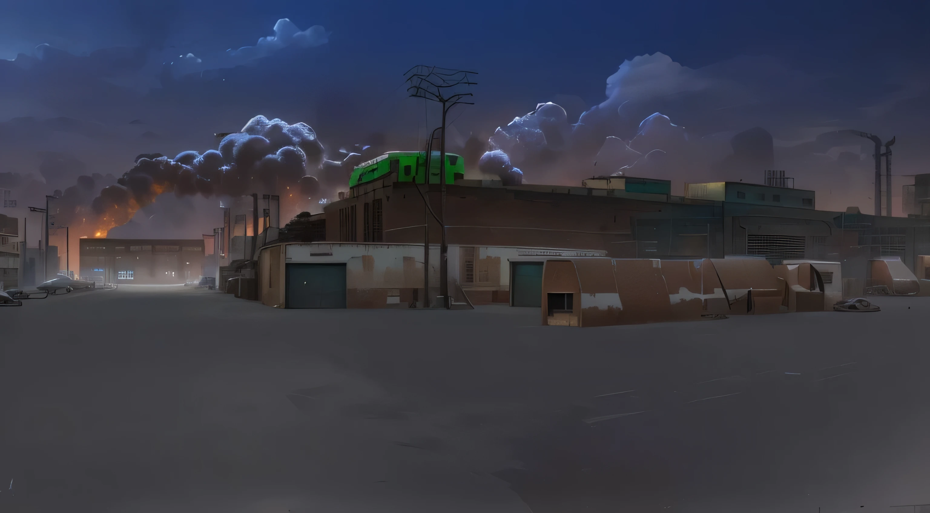 there is a picture of a city with a lot of buildings, industrial setting, construction yard, [[empty warehouse]] background, post apocalyptic shopping center, factory background, industrial surrounding, industrial environment, grimy streets backdrop, town center background, background is a slum, some background blur, videogame still, trading depots, skybox, realistic scene, establishing shot