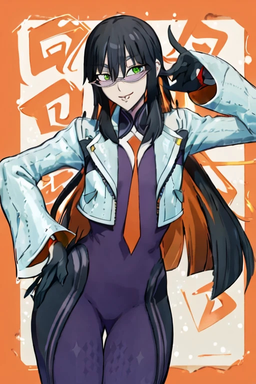 Daraku, Alone, 1girl, glasses, green eyes, jacket, bodysuit, orange tie, long hair, vampire, gloves, smile, sexy body, best quality, masterpiece, snow, forest
