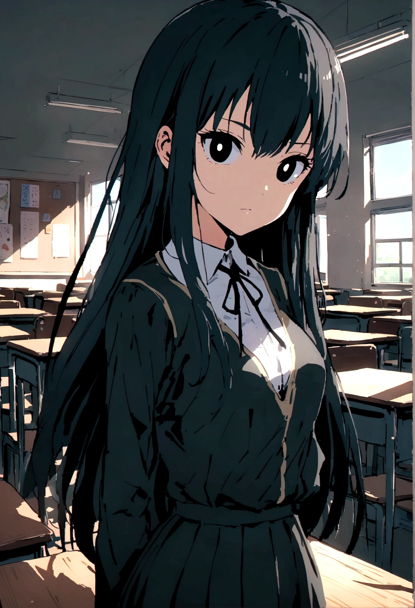 ( Bnha style)a girl with black eye color, long straight hair,bluish black color,with average bust,in bha's attire,with waist,with red streaks in her hair,in the background of bha's classroom