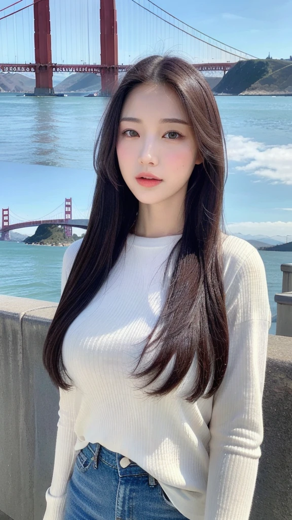(lifelike, high resolution:1.3), 1 girl with a perfect figure, ,The face shape and eyes are super beautiful,long hair, White long sleeves:1.2, Short jeans, Big boobs,The Golden Gate Bridge is in the background`,The facial details are very rich