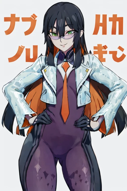 Daraku, Alone, 1girl, glasses, green eyes, cape, bodysuit, orange tie, long hair, vampire, gloves, smile, sexy body, best quality, masterpiece, snow, forest