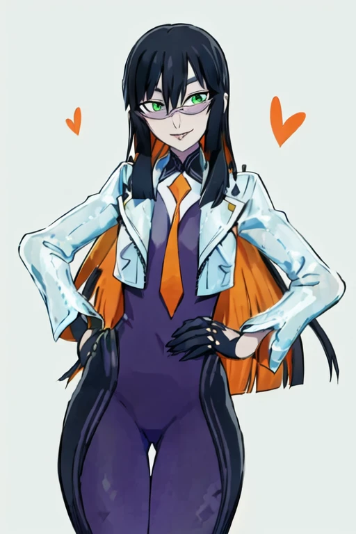 Daraku, Alone, 1girl, glasses, green eyes, cape, bodysuit, orange tie, long hair, vampire, gloves, smile, sexy body, best quality, masterpiece, snow, forest