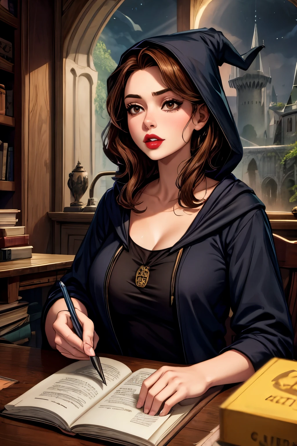 young girl, teenager (()), witch, bruja, hufflepuff, yellow clotes, hood, capucha, hogwarts al fondo, hogwarts, noche, night, muy detallado, Realistic long-term photography., 4k, pelo largo, brown hair, By the chestnut, labios rojos,red lips, brown eyes, big breasts, pechos grandes,