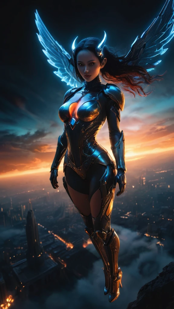 Leviatan and demon woman cyborg flying in a virtual dream of sin for the humanity fallen,The Earth's appearance slightly visible in the light of sunrise,The only light is the sunrise,(highest quality:1.4),(ultra detailed:1.5),High resolution,extremely detailed,unity 8k wallpaper
