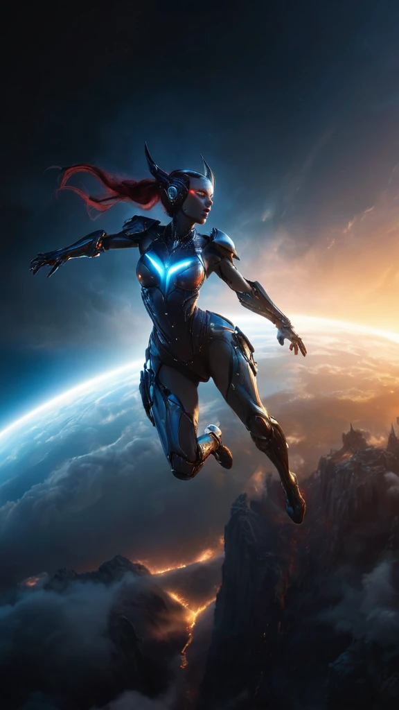 Leviatan and demon woman cyborg flying in a virtual dream of sin for the humanity fallen,The Earth's appearance slightly visible in the light of sunrise,The only light is the sunrise,(highest quality:1.4),(ultra detailed:1.5),High resolution,extremely detailed,unity 8k wallpaper