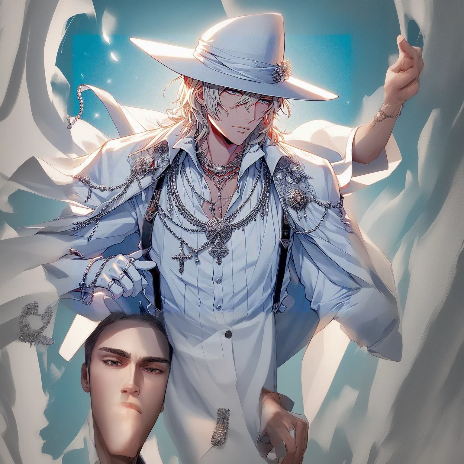 complete full body art, man wearing white suit