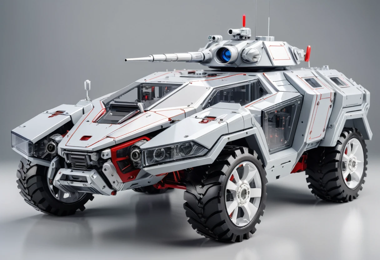 solid light grey background, Red and black transparent mechanical armored vehicle , Complex and sophisticated internal structure, (Well-designed, High Detail, masterpiece, best quality, Ultra HD, Sharpen details)