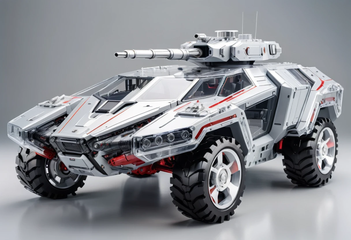 solid light grey background, Red and black transparent mechanical armored vehicle , Complex and sophisticated internal structure, (Well-designed, High Detail, masterpiece, best quality, Ultra HD, Sharpen details)
