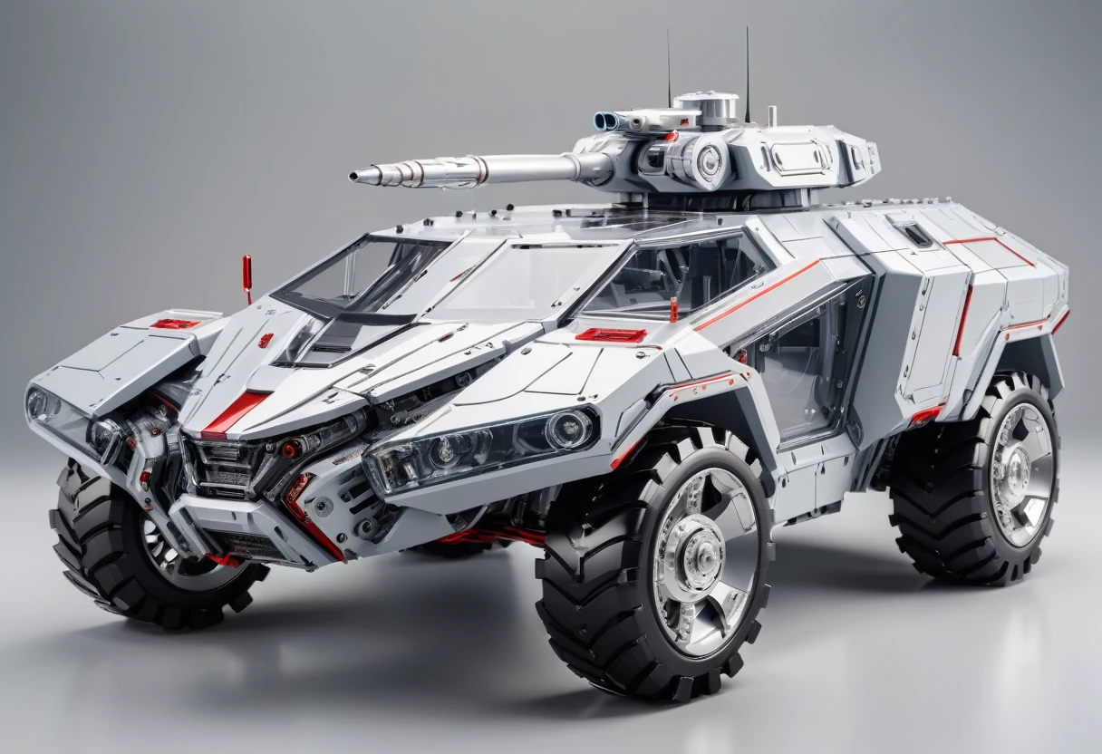 solid light grey background, Red and black transparent mechanical armored vehicle , Complex and sophisticated internal structure, (Well-designed, High Detail, masterpiece, best quality, Ultra HD, Sharpen details)