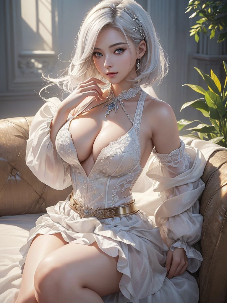 (Picture from the waist up:1.4、Close-up)((masterpiece:1.5,Highest quality,Highly detailed images,Beautiful images、Realistic、Photorealistic、2.5D))(One girl, solo)(Sexy Woman、Medium chest, Beautiful cleavage、White Hair、Bob Hair)(Costumes made of many layers of fabric)(profile,direct one&#39;s gaze to the front、Please look away from here、incline one's head to the side、Sad look, Floating Hair)(Plain background)From the side
