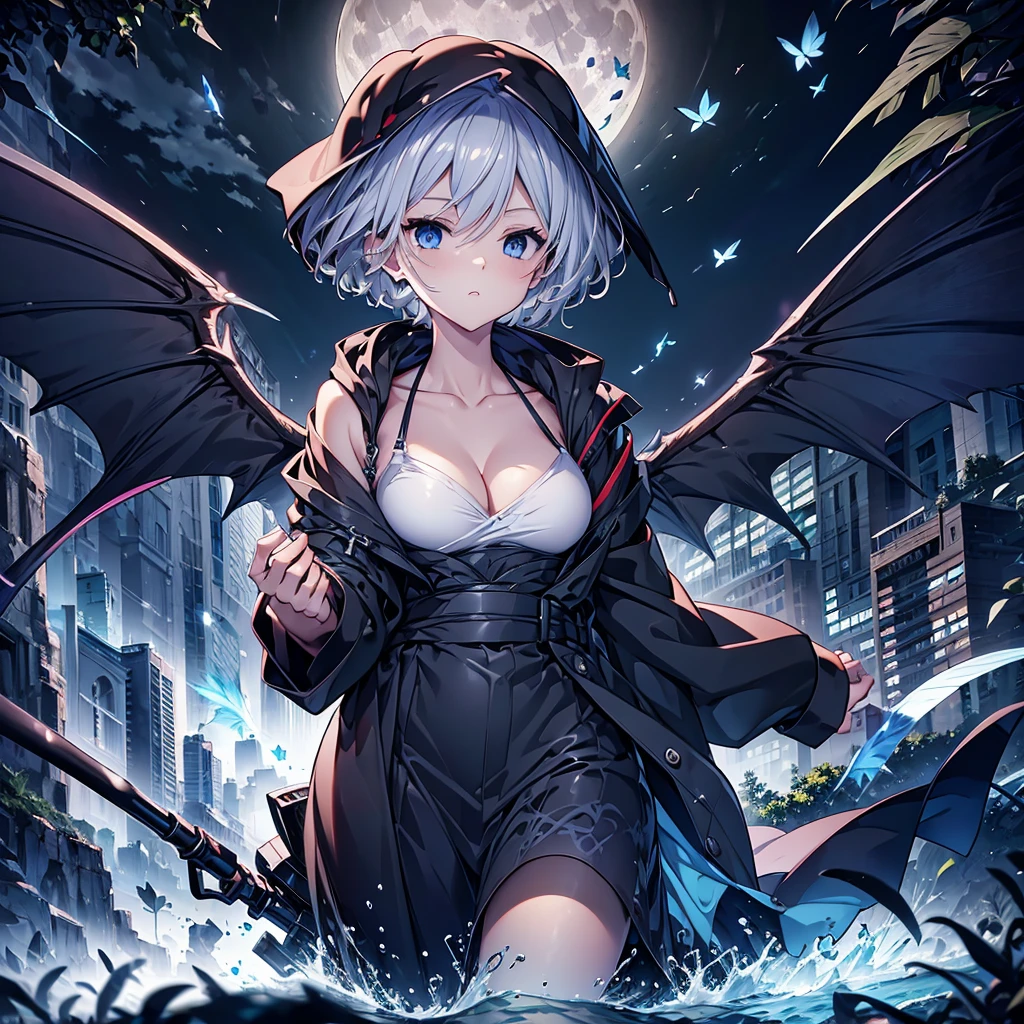 ((((grim Reaper Inflammation)))) (((Gray Hair short hair blue eyes woman central))),((night full moon My own big wings)),(Wearing a hood Black camisole Purple light), A tense look Shining Background Shining Edges