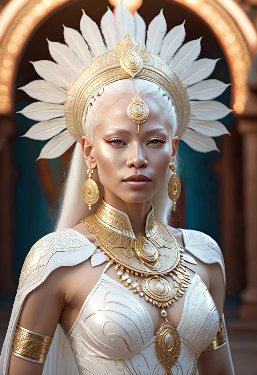 Beautiful commissioned full-length portrait of an albino and Latino female humanoid deity, hyper-detailed portrait, 8k realistic, global lighting, radiant light, detailed and complex surroundings, elegant