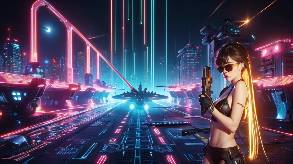 brightly colored abstract (((((high view))))) image of a space station with a spiral, epic beautiful space scifi, chaotic cinematic space rift, greg beeple, planets colliding, beeple and tim hildebrandt, beeple and jean giraud, end of the universe, galaxy space sci-fi, ringworld, (((((dark ink))))), by Mike "Beeple" Winkelmann. at night, (((((1girl, solo))))), photo realistic, (((((large-breast:1.1 slim body, cleavage:1.4))))), (((off broken mini sling-shirt and black sling bra, extreamly short white pleated miniskirt, (((micro panty)))))), (((((running pose))))), (((((((matrix style black micro sunglasses))))))), ((((((((((aiming with a short gun)))))))))), (((((looking at camera))))), (((very low view))), (((((half-body thigh level medium shot))))), (((cinematic lighting))).