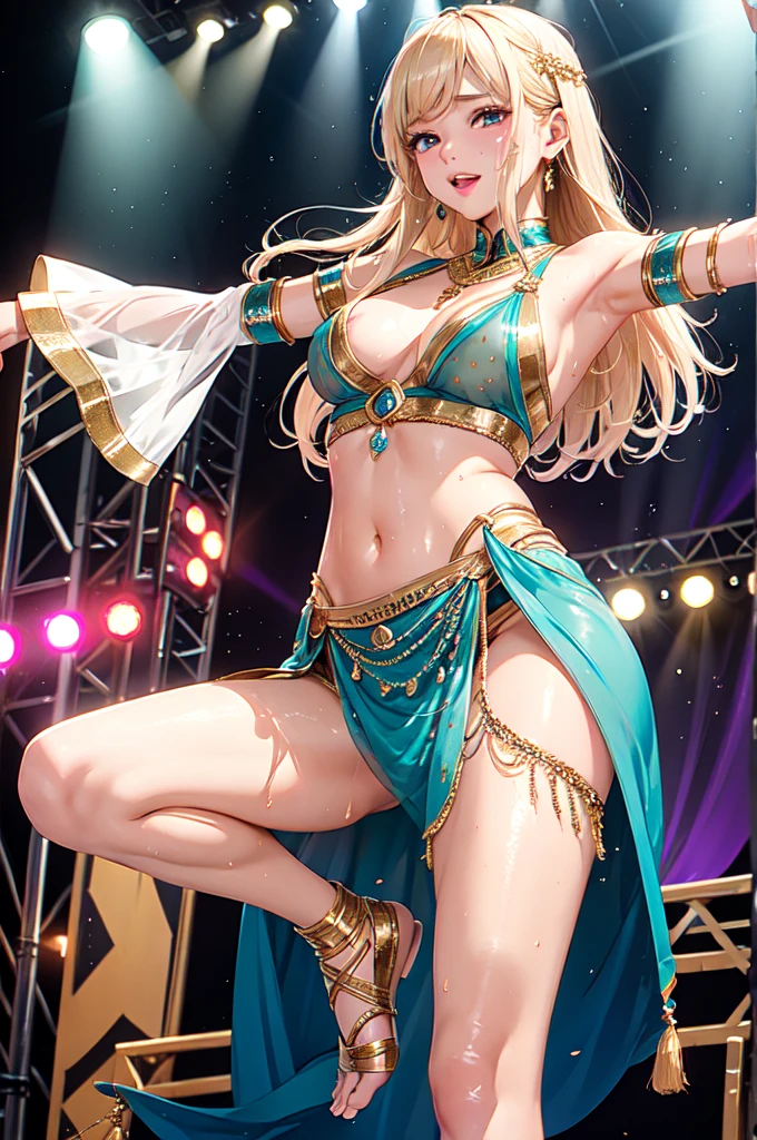 Cinematic lighting、Highest quality、1 Arabian dancer、Sweaty、Embarrassing、On Stage、Dancing、Wet crotch、See-through nipples、