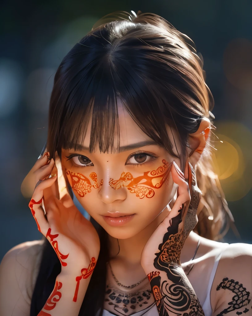 A portrait of a Asia woman with intricate neon henna tattoos covering her face, body, and hands. The tattoos are in shades of red and orange, detailed with precision. Her skin has a soft glow as she is backlit, creating a mesmerizing effect. The image quality is incredibly high at 32k resolution, capturing every minute detail with stunning clarity.