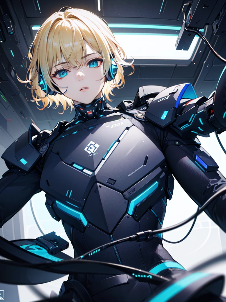 1boy, handsome young teenage boy, blonde short hair, messy hair, beautiful detailed azure eyes, sexy boy body, is a cyborg, futuristic lab, futuristic headset with english text, cyborg crop top armor, mind control device, futuristic gear installed on head, lying on top of futuristic table, mindcontrol device connected to futuristic technology, head connected to wires, bionic, (best quality,4k,8k,highres,masterpiece:1.2),ultra-detailed,(realistic,photorealistic,photo-realistic:1.37),concept art, sci-fi, vivid colors, studio lighting, physically-based rendering, extreme detail description, sci-fi neon-type lighting, from below, looking at viewer, emotionless expression